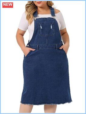Plus Size Denim Overall Dress Racerback Adjustable Strap Pinafore Bib Midi with